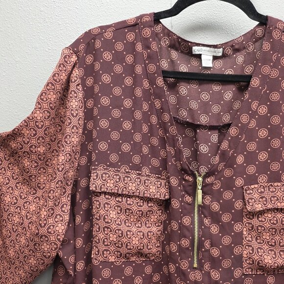 Cato Shirt Womens 26/28W Brown Burgundy Mixed Print Zip Front Roll Tab Plus Size - Picture 2 of 10